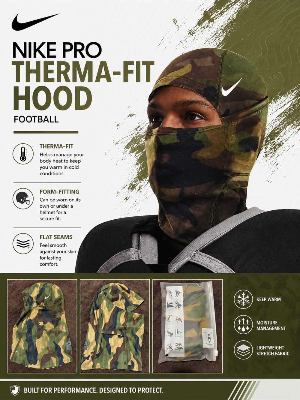 Nike Camouflage Therma-Fit Balaclava Hooded Ski Mask in Olive & Black